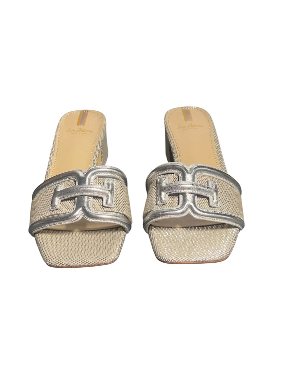 Sam Edelman WAYLON Silver Metallic Braided Strap Block Heel Mules - Picture 2 of 12